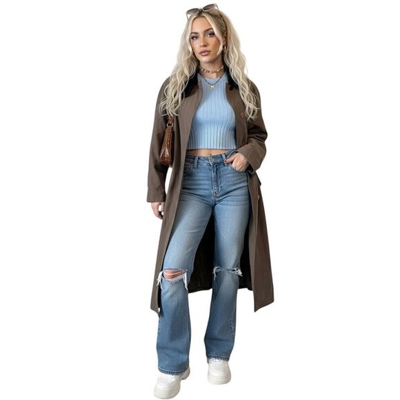 American Bazaar Trench Coat Women’s  Size 6P Lined Long Jacket in Tan / Taupe - Picture 8 of 15